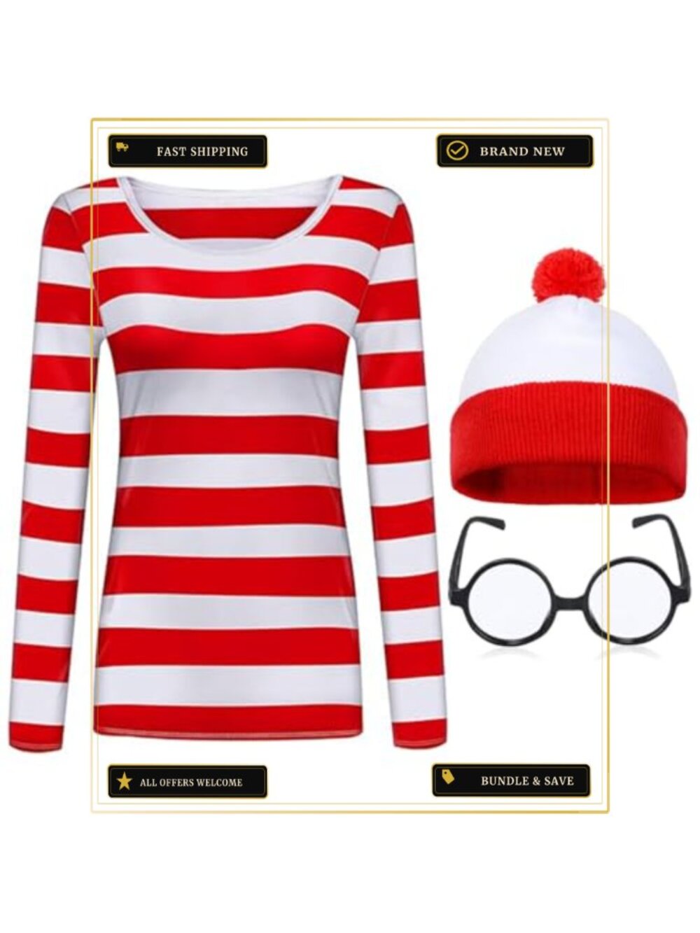 Adult Halloween Striped Long Sleeve T-Shirt Beanie Glasses Cosplay Set
